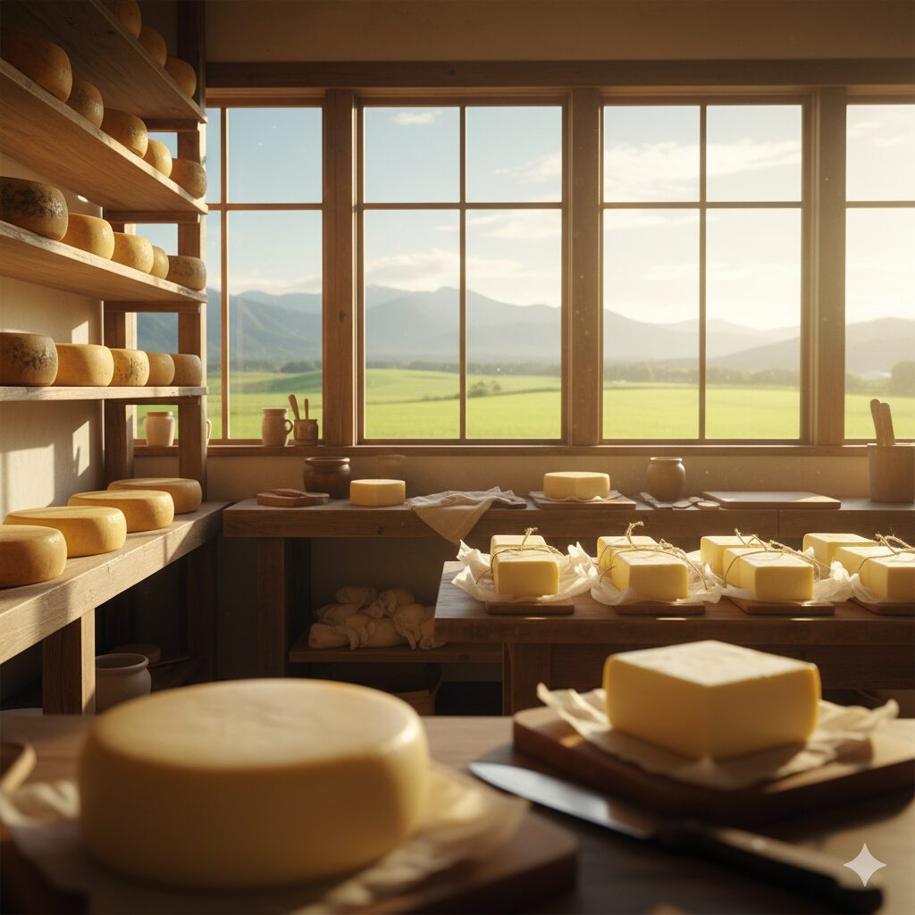 十勝のチーズ工房の室内。木製の棚に円形のチーズが並び、窓の外には緑の牧草地と山並みが広がっている。柔らかな午後の日差しが差し込み、温かみのある雰囲気。