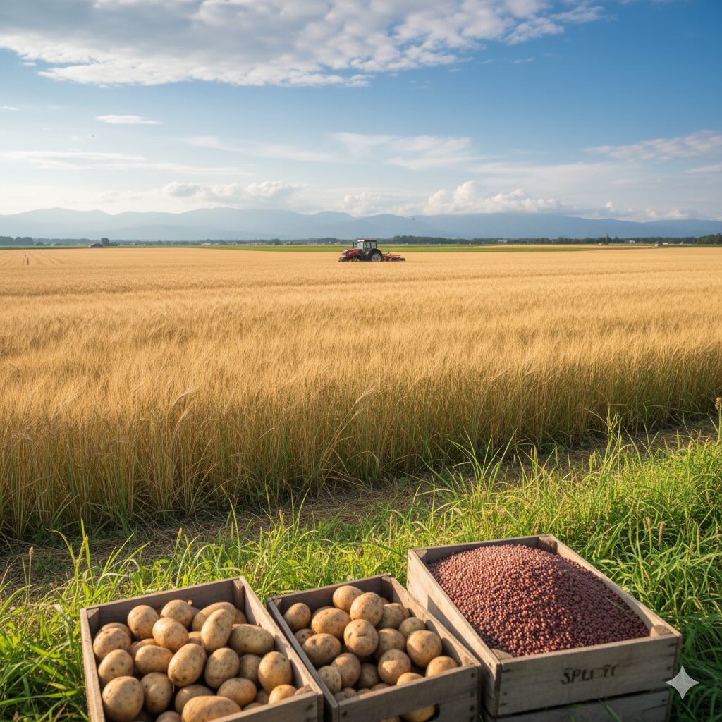 夏の十勝平野、小麦畑が黄金色に波打つ風景。遠くにトラクターと農家の姿。青空に白い雲、手前には収穫されたばかりのじゃがいもと小豆の入った木箱。