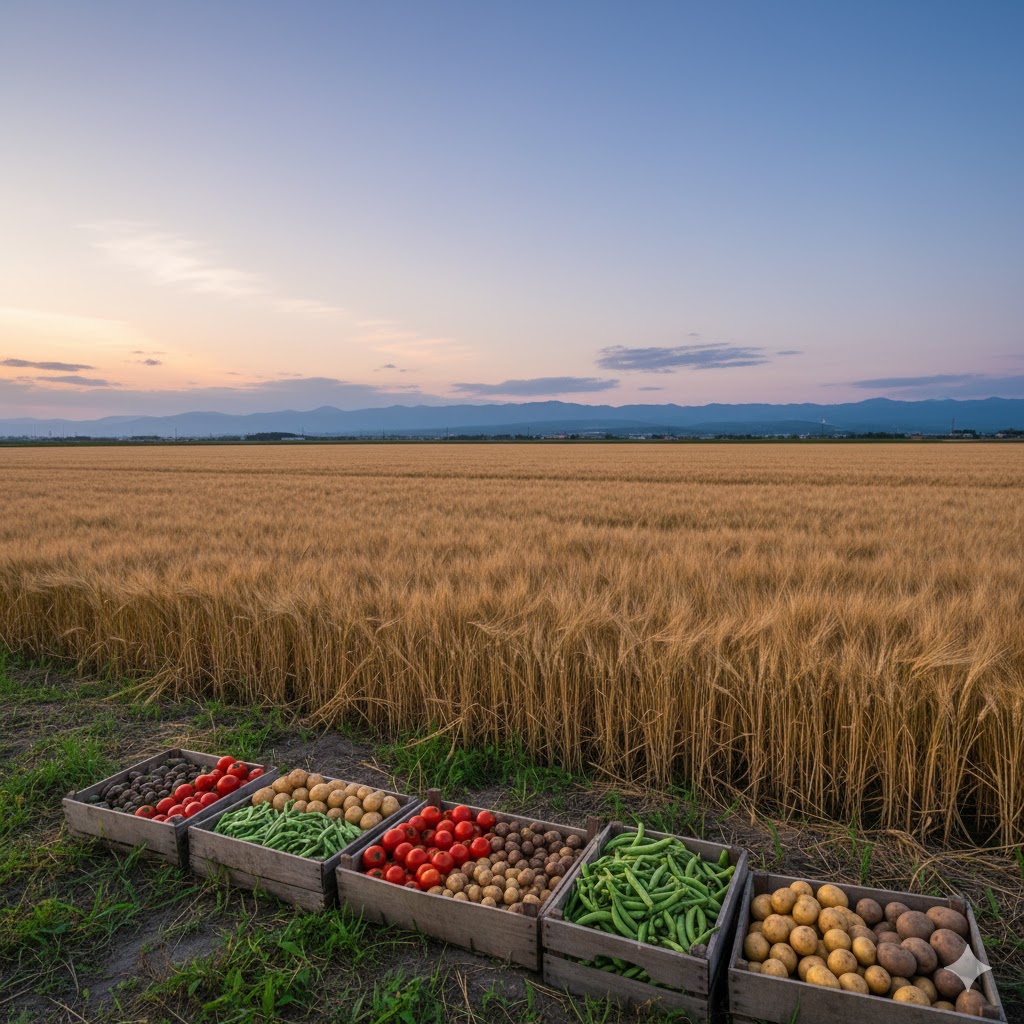 黄昏時の十勝平野の広大なパノラマビュー。地平線まで続く広大な農地と柔らかな青空。手前には、畑の縁に置かれた木箱に新鮮なトマト、豆、じゃがいもが詰められている。穏やかな風が黄金色の小麦の穂を揺らす。