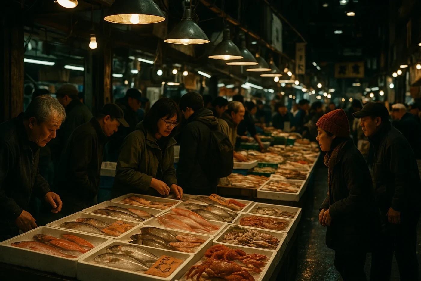 毛ガニなど海鮮がそろう市場。
