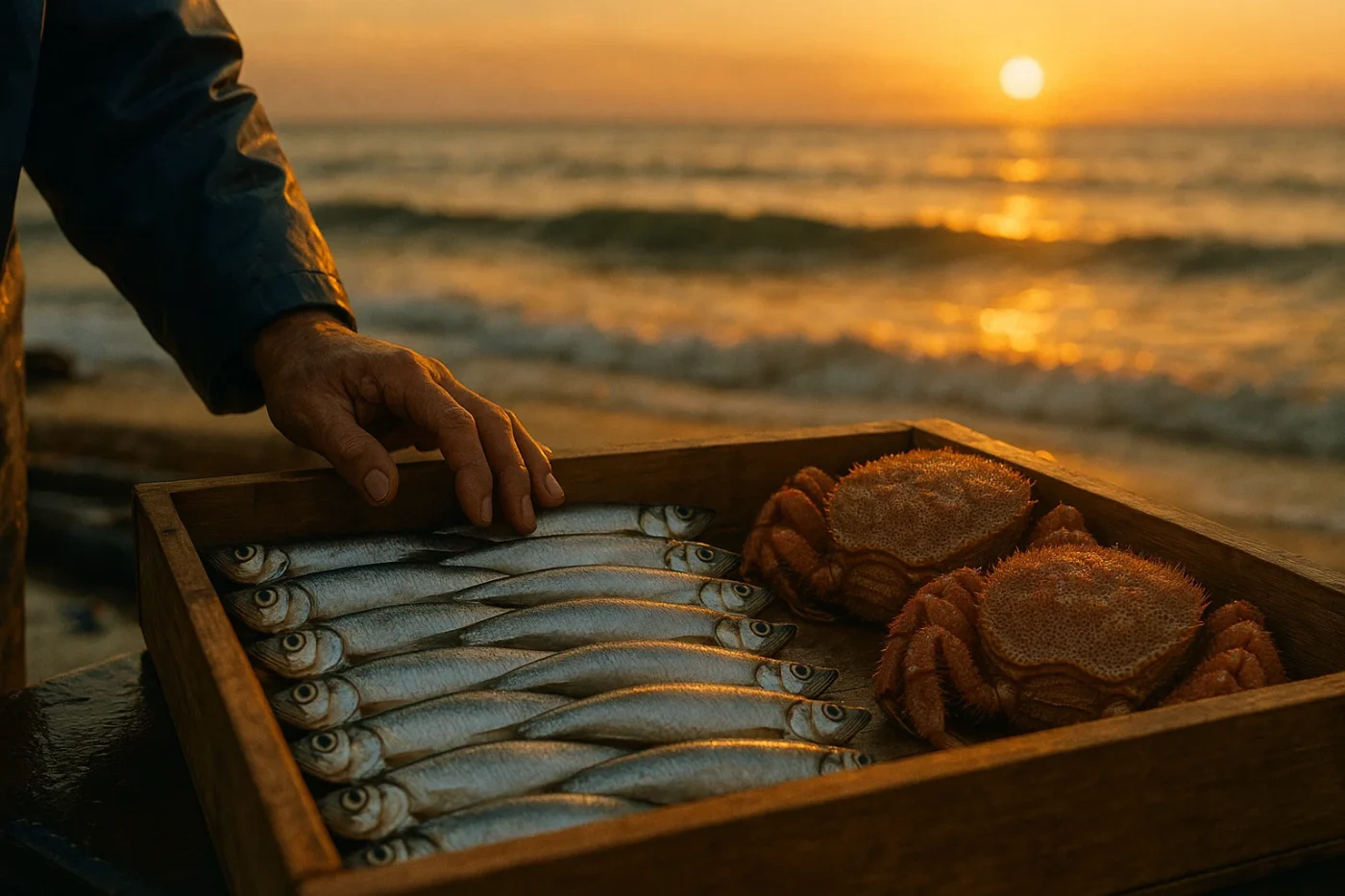 広尾漁港の朝、木箱に並ぶ銀色の本ししゃもと毛がに、背景に太平洋の波と昇る朝日、漁師の手が見える